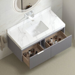 Royal Bathrooms Florina 1200mm Rock Grey Wall Hung Bathroom Vanity Unit Cabinet Storage With Carrara White Top & Chrome Handle - thumbnail 4