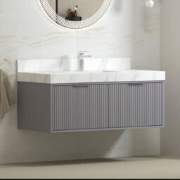 Royal Bathrooms Florina 1200mm Rock Grey Wall Hung Bathroom Vanity Unit Cabinet Storage With Carrara White Top & Chrome Handle