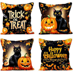 CLEFFNS Set Of 4 Halloween Throw Pillow Covers, Witch Moth Black Cat Pumpkin Ghost Skeleton Decorative Pillowcases Gothic Cushion Cases - thumbnail 1