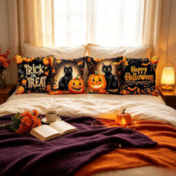 CLEFFNS Set Of 4 Halloween Throw Pillow Covers, Witch Moth Black Cat Pumpkin Ghost Skeleton Decorative Pillowcases Gothic Cushion Cases - thumbnail 2