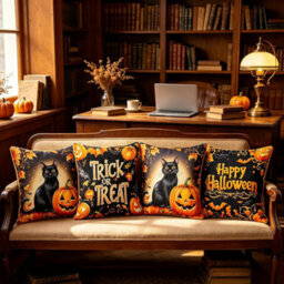 CLEFFNS Set Of 4 Halloween Throw Pillow Covers, Witch Moth Black Cat Pumpkin Ghost Skeleton Decorative Pillowcases Gothic Cushion Cases - thumbnail 7