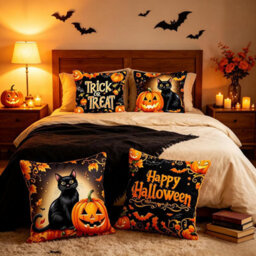 CLEFFNS Set Of 4 Halloween Throw Pillow Covers, Witch Moth Black Cat Pumpkin Ghost Skeleton Decorative Pillowcases Gothic Cushion Cases - thumbnail 6