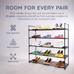 Cuqoo 5 Tier Shoe Rack Metal Storage Heavy Duty Shoe Organiser With Anti Rust Finish Quick Assembly Space Saving Unit Black - thumbnail 5
