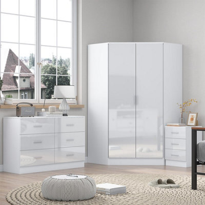Reflect - 2 Door Corner + 6 Drawer Chest + 3 Drawer Bedside - Gloss White / Matt White - image 1