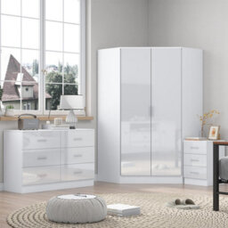 Reflect - 2 Door Corner + 6 Drawer Chest + 3 Drawer Bedside - Gloss White / Matt White