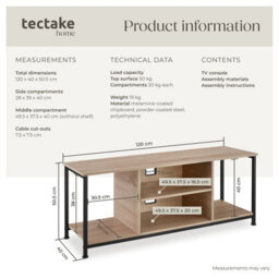 Tectake Tv Stand - Lowboard Cabinet With 4 Compartments, Adjustable Shelf 120 Cm - Industrial Wood Light, Oak Sonoma - thumbnail 6