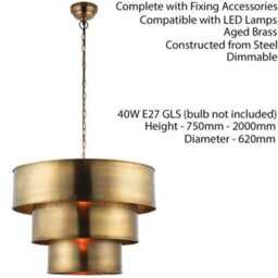Hanging Ceiling Pendant Light Aged Brass 3 Ring Metal Shade Lamp Bulb Holder - thumbnail 2