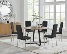 Furniturebox Uk Santorini Brown Wood Effect Round Dining Table & 6 Black Milan Chrome Leg Chairs