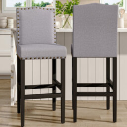 Living And Home Bar Stool Set Of 2 Grey Linen Upholstered Kitchen Counter Bar Stools With Rubberwood Legs