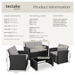 Tectake Garden Furniture Set Jesolo - 2 Armchairs, 1 Sofa,  And Coffee Side Table  - Black/grey - thumbnail 6
