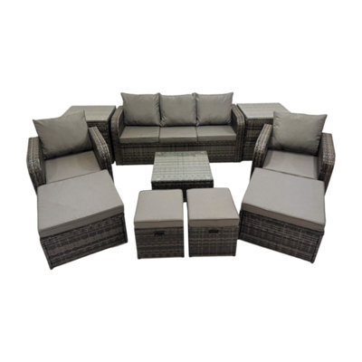 Fimous 3 Seater Sofa Reclining Chair Coffee Table Set Rattan Garden Furniture Set With 2 Side Tables 4 Stools Dark Grey Mixed - image 1