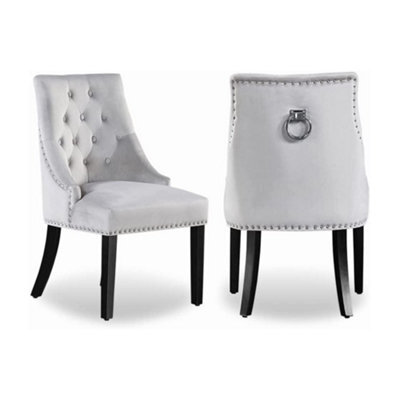 Life Interiors Set Of 2 Light Grey Velvet Dining Chairs Ergonomic Scoop Knockerback & Button Tufted Wood Legs - image 1