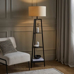 Valuelights Hiru Black 3 Tier Shelf Floor Lamp With Cream Shade