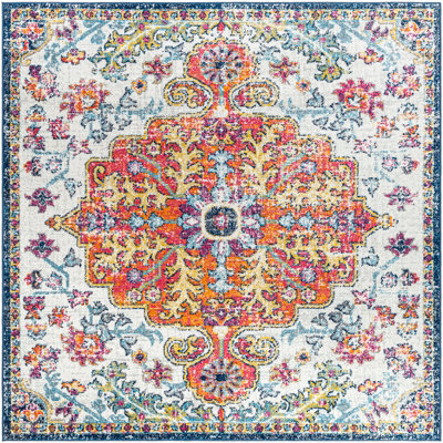 Livabliss Square Harput-Vintage Blue Orange Yellow Grey Traditional Boho Living Dining Bedroom Rug 152 X 152 Cm Easy Care, Non Shedding - image 1