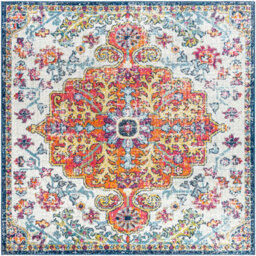 Livabliss Square Harput-Vintage Blue Orange Yellow Grey Traditional Boho Living Dining Bedroom Rug 152 X 152 Cm Easy Care, Non Shedding - thumbnail 1