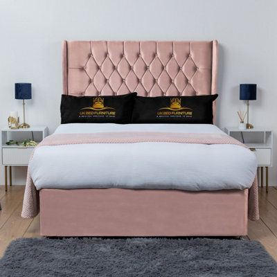 UKBEDFURNITURE Mary Pink Plush Wingback Divan Bed Base With 54 Inch Headboard & 10 Inch Orthopaedic Mattress - No Storage - image 1
