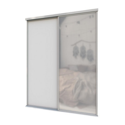 A-Class Sliding Doors Set Of 2 Light Grey & Mirror Sliding Wardrobe Door Kit, Silver Frame & Tracks, Opening Height (H) 225-226Cm & Width (W) 149-150Cm - image 1