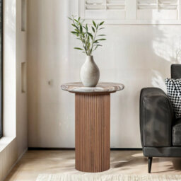 Bundi Natural Marble & Wood Pedestal Side Table - thumbnail 4