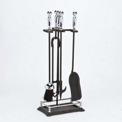 Chrome Black Fireset With Round Handles 5 Piece Companion Set Modern Metal Fireplace Set - Fire61 - image 1