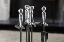 Chrome Black Fireset With Round Handles 5 Piece Companion Set Modern Metal Fireplace Set - Fire61 - thumbnail 2