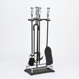 Chrome Black Fireset With Round Handles 5 Piece Companion Set Modern Metal Fireplace Set - Fire61