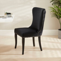 The Furniture Market Boudoir Black Velvet Wing Back Dining Chair Deep Button Back Chrome Stud Detailing Black Satin Legs Sprung Base - thumbnail 3