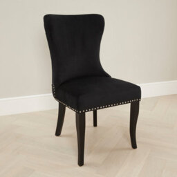 The Furniture Market Boudoir Black Velvet Wing Back Dining Chair Deep Button Back Chrome Stud Detailing Black Satin Legs Sprung Base