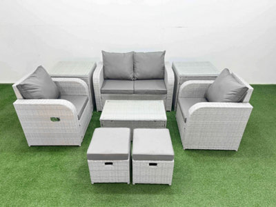 Fimous Light Grey Pe Wicker Rattan Garden Furniture Set Sofa Set Reclining Chair Coffee Table 6 Seater 2 Small Stools 2 Side Table - image 1