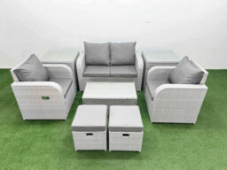 Fimous Light Grey Pe Wicker Rattan Garden Furniture Set Sofa Set Reclining Chair Coffee Table 6 Seater 2 Small Stools 2 Side Table - thumbnail 1