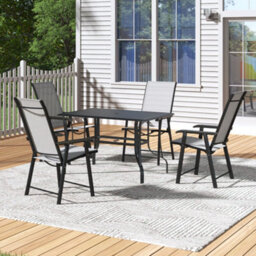 Thehotsale 120Cm L Garden Metal Slatted Coffee Table With Four Foldable Chairs Outdoor Rectangle Table In Black - thumbnail 2