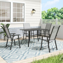Thehotsale 120Cm L Garden Metal Slatted Coffee Table With Four Foldable Chairs Outdoor Rectangle Table In Black - thumbnail 1