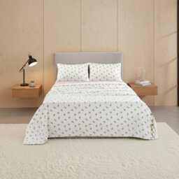 Soft Flower Print Brushed Cotton Fitted Flat Sheet And Matching Pillowcases Pink