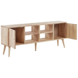 Beliani Rubberwood Tv Stand 2-Door 4-Shelf Light Brown Lacquer 145 X 30 X 59 Cm - thumbnail 5