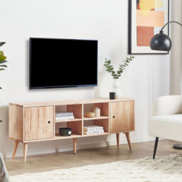 Beliani Rubberwood Tv Stand 2-Door 4-Shelf Light Brown Lacquer 145 X 30 X 59 Cm - thumbnail 2
