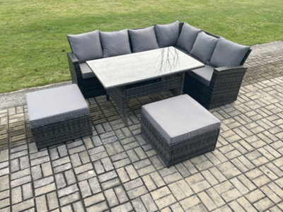 Fimous 8 Seater Outdoor Furniture Garden Dining Set Rattan Corner Sofa Set With Rectangular Dining Table Big Footstool - image 1