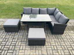 Fimous 8 Seater Outdoor Furniture Garden Dining Set Rattan Corner Sofa Set With Rectangular Dining Table Big Footstool - thumbnail 2