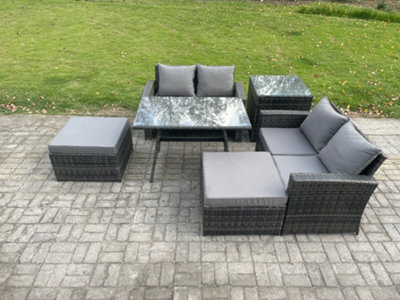 Fimous 6 Seater Garden Dining Set Rattan Outdoor Furniture Sofa With Rectangular Dining Table Double Seat Sofa 2 Big Footstool - image 1