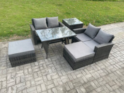 Fimous 6 Seater Garden Dining Set Rattan Outdoor Furniture Sofa With Rectangular Dining Table Double Seat Sofa 2 Big Footstool - thumbnail 2