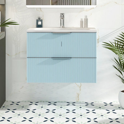 Royal Bathrooms Evora 700mm Powder Blue Fluted Wall Hung Bathroom Vanity Unit 2 Drawer Cabinet Storage With Stone Basin Sink - 1 Tap Hole - image 1