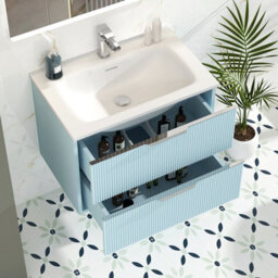 Royal Bathrooms Evora 700mm Powder Blue Fluted Wall Hung Bathroom Vanity Unit 2 Drawer Cabinet Storage With Stone Basin Sink - 1 Tap Hole - thumbnail 3