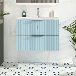 Royal Bathrooms Evora 700mm Powder Blue Fluted Wall Hung Bathroom Vanity Unit 2 Drawer Cabinet Storage With Stone Basin Sink - 1 Tap Hole