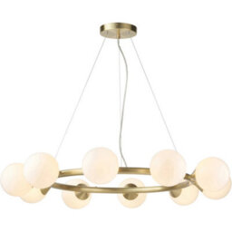 Loops Multi Arm Hanging Ceiling Pendant Light - Satin Brass Plate & Gloss White Glass Shade - 10 X 3W Led G9