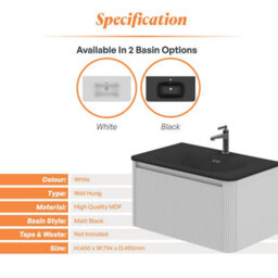 Plum&clay Isla Ribbed Fluted White Wall Hung Drawer Vanity Unit & Black Basin Set (W)800mm - thumbnail 5