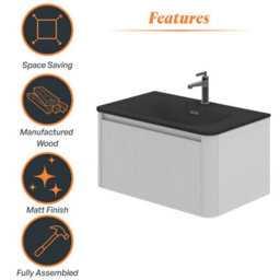 Plum&clay Isla Ribbed Fluted White Wall Hung Drawer Vanity Unit & Black Basin Set (W)800mm - thumbnail 6