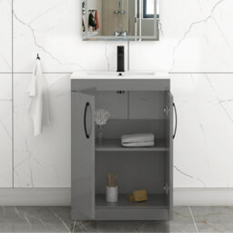 Royal Bathrooms Turin Indigo Grey Gloss 600mm Floor Standing Vanity Unit 2 Door With Minimalist Basin Sink & Matt Black Handles - thumbnail 5