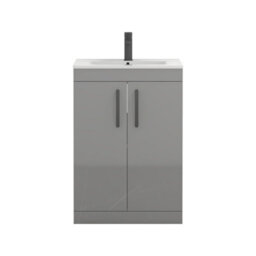 Royal Bathrooms Turin Indigo Grey Gloss 600mm Floor Standing Vanity Unit 2 Door With Minimalist Basin Sink & Matt Black Handles - thumbnail 6