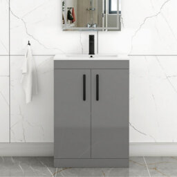 Royal Bathrooms Turin Indigo Grey Gloss 600mm Floor Standing Vanity Unit 2 Door With Minimalist Basin Sink & Matt Black Handles