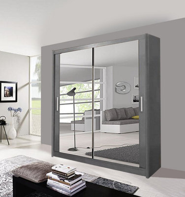 Milan Sliding Mirror Door Wardrobe With Hanging Rails & Shelves ( Grey , 180 Cm ) - image 1