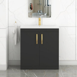 Royal Bathrooms Turin 800mm Floor Standing Vanity Sink Unit Matt Black 2 Door Mid-Edge Basin With Brushed Brass Handles - thumbnail 1