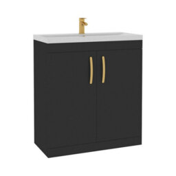 Royal Bathrooms Turin 800mm Floor Standing Vanity Sink Unit Matt Black 2 Door Mid-Edge Basin With Brushed Brass Handles - thumbnail 6